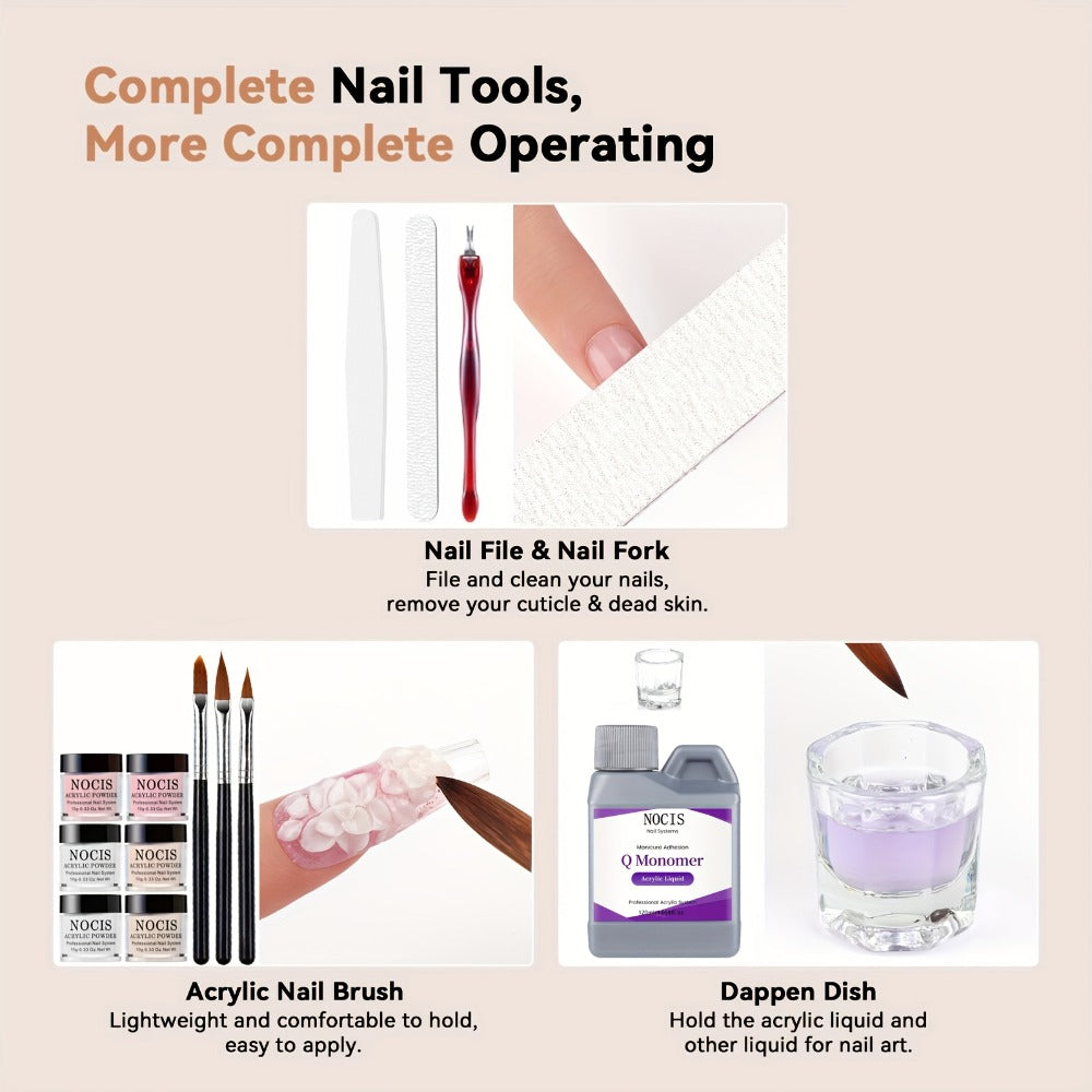 6 Color Pink Nude Crystal Acrylic Powder Set — No Lamp Needed Professional 3D Nail Art French Extensions All Season Salon & Home Kit Beginner to Tech