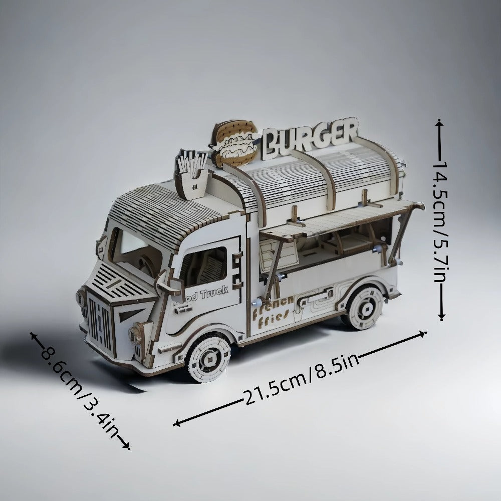 Basswood Food Truck 3D Puzzle Model Kit – DIY Building Toy for Kids & Adults, Yellow Miniature Snap-Fit Craft, Creative Birthday Halloween Christmas Gift for Boys Girls