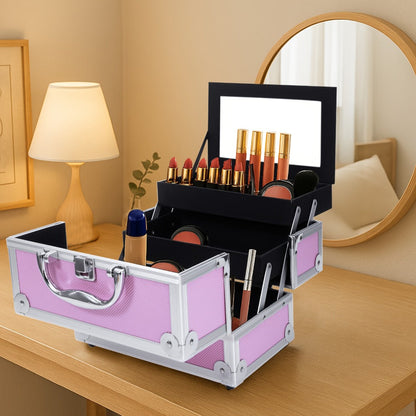 Rolling Makeup Case Aluminum 4-in-1 Extra Large Professional Cosmetic Trolley with 360° Swivel Wheels for Makeup Artist Tattoo Artist Salon Travel Black Pink Silver