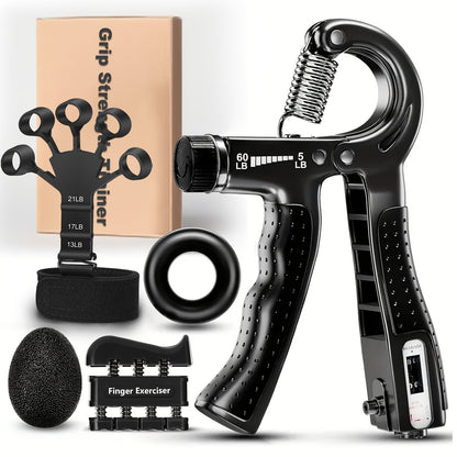 Grip Strengthener Set 5pcs - Adjustable Hand Grip Trainer with Counting, Finger Exerciser, Finger Stretcher, Forearm Workout Ring & Hand Exercise Ball for Rock Climbing, Tennis, Guitar, Rehab