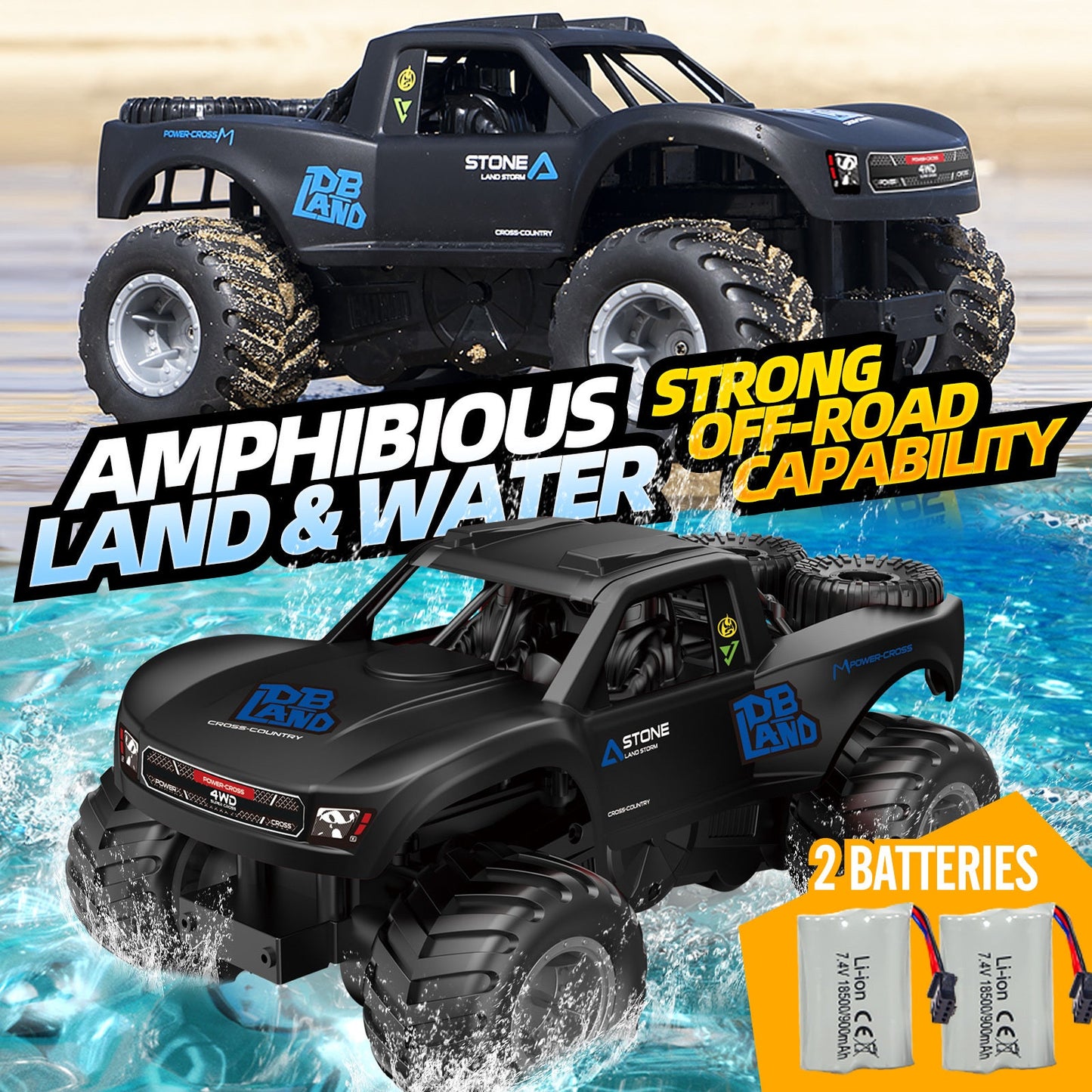 Amphibious RC Car 1:16 Scale 4WD Waterproof Land & Water Remote Control Monster Truck – 2 Rechargeable Batteries, All-Terrain RC Truck for Boys Kids Ages 4+, Birthday Christmas Gift