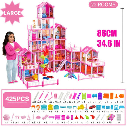 Princess Doll House Castle with Furniture & Accessories – Pink or Blue Mini Villa Playset 14 to 27 Rooms, Imaginative Play Logical Thinking Toy for Girls Ages 3+ Birthday Christmas Gift