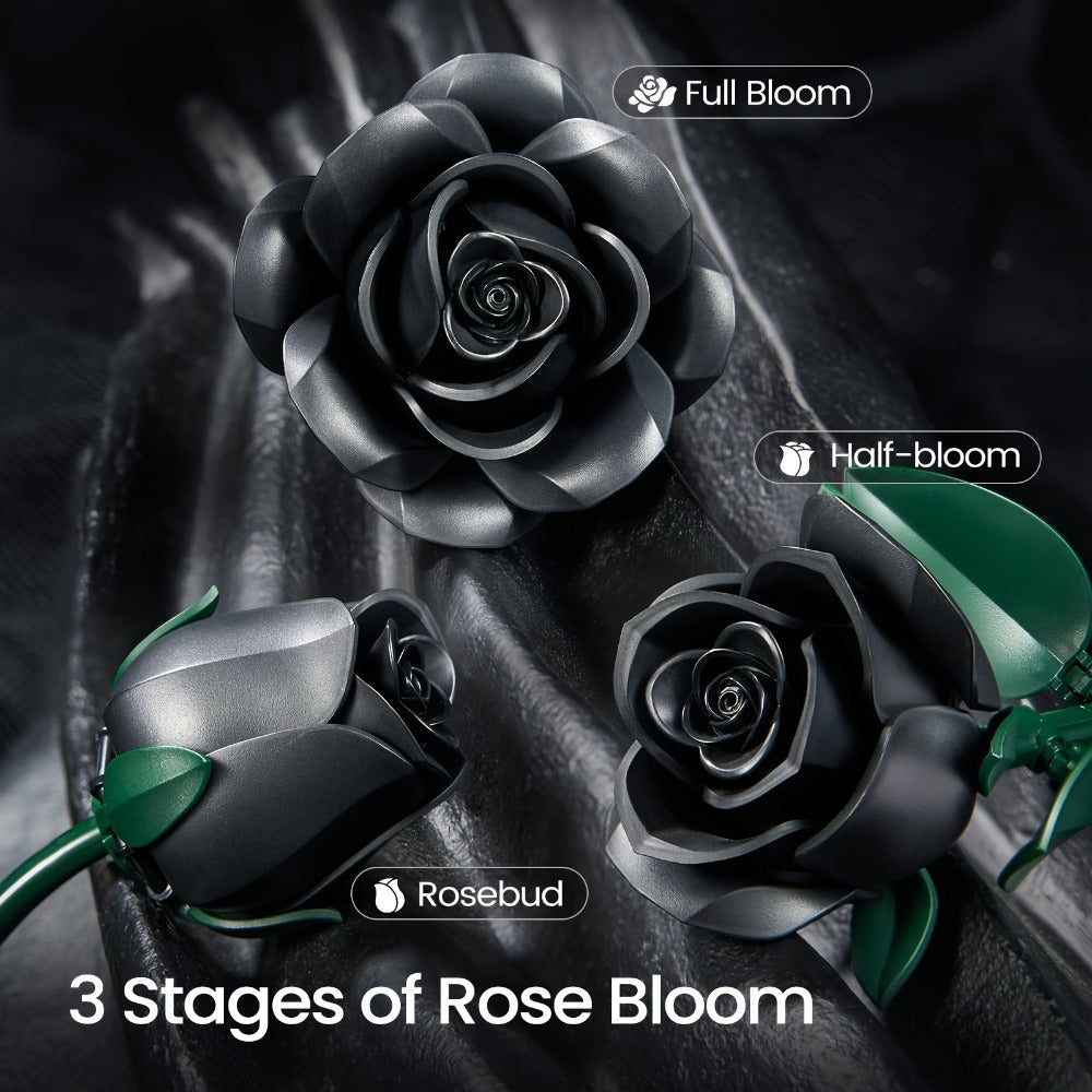 Black Rose Building Blocks Set 152 Pieces – 3 Gothic Artificial Flower Bouquet Brick Model Kit for Adults Teens, Unique Display Decor Gift for Valentine Birthday Anniversary Halloween Christmas