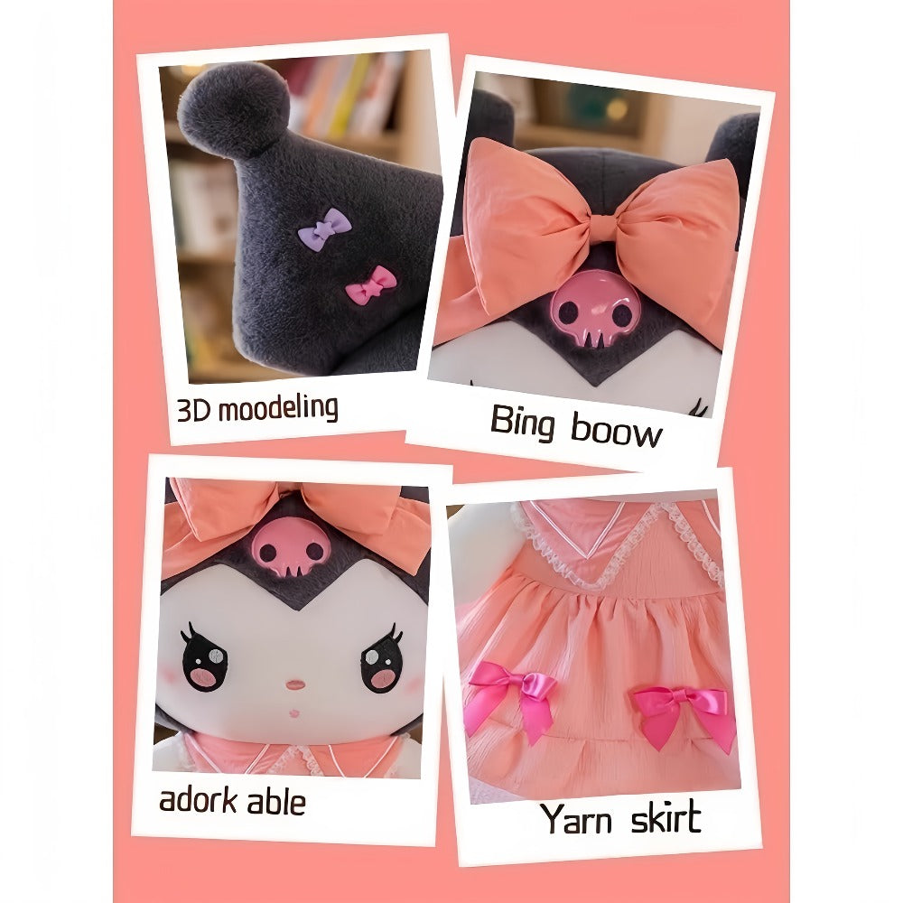Kuromi My Melody Plush Doll Princess Dress – Soft Collectible Sanrio Stuffed Animal with Pink Bow & Ruffled Collar, Kawaii Room Decor Birthday Christmas Gift for Girls