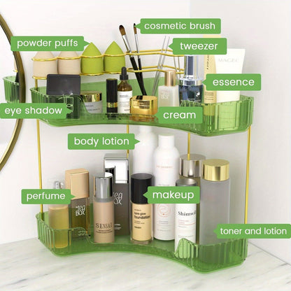 Bathroom Corner Shelf Organizer 2-in-1 Tiered Makeup Skincare Storage with Brush Holder No-Tool Install Space-Saving Countertop Vanity Dresser Kitchen Organizer Women