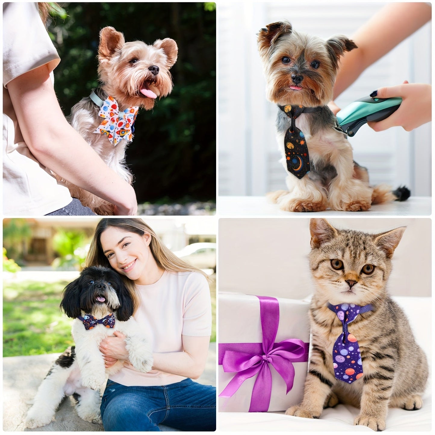 Dog Bow Tie Set 100pcs Adjustable Pet Collar Accessories Include 40 Dog Bowties 30 Neckties 30 Collar Flowers for Small Medium Dogs Cats, Planet Pattern Pet Grooming Accessories Bulk Pack