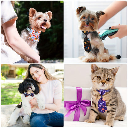 Dog Bow Tie Set 100pcs Adjustable Pet Collar Accessories Include 40 Dog Bowties 30 Neckties 30 Collar Flowers for Small Medium Dogs Cats, Planet Pattern Pet Grooming Accessories Bulk Pack