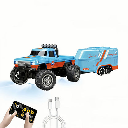 Mini RC Off-Road Truck with Trailer 1:64 Scale Die-Cast Remote Control Car – 2.4GHz Climbing Vehicle with Lights Rechargeable Adjustable Speed | Pocket-Sized RC Toy for Boys | Best Birthday Christmas Gift