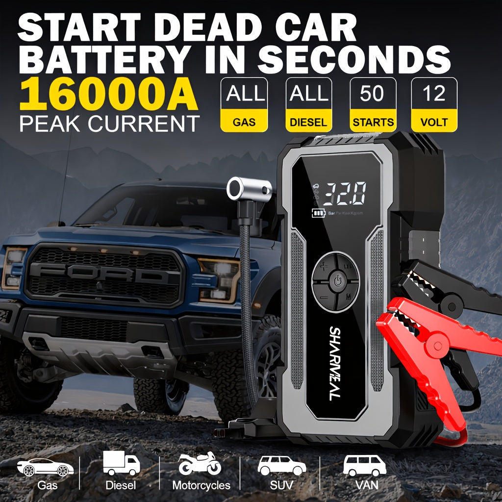 SHARMEAL 16000/20000A 17-in-1 Portable Jump Starter With Air Compressor, Jump Starter For Car, Multi-Function Power Pack With Tire Inflator, LED Light & Power Bank, For 12V Vehicles (All Gas & Diesel Engines), Cars, Trucks, SUVs, RVs & Motorcycles