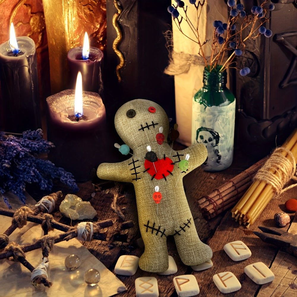 Voodoo Doll Set with 7 Skull Pins – 8-Piece Horror Ghost Doll Kit, Soft Revenge Stress Relief Creepy Doll Pin Holder for Adults (Flaxen)