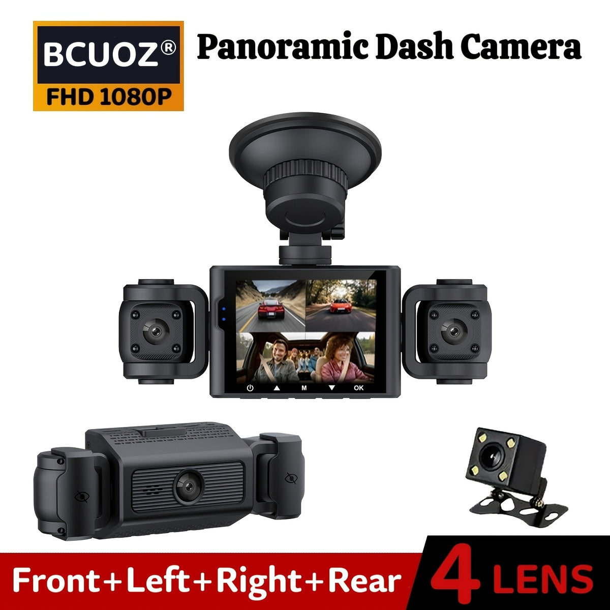 BCUOZ 360° Panoramic 4-Channel 1080P HD Ultimate Safety Dash Cam Kit, 1080P Front And 720P Rear/Left/Right Full Coverage, Four Views Displayed Simultaneously, IR HD Night Vision, WDR, G-Sensor, Loop Recording - Auto Parts/Car Dashboard Camera/Safety