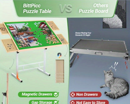 Jigsaw Puzzle Table with 4 Drawers 1500 Pieces – Adjustable Angle & Height 35"x26" Tilting Wood Board with Metal Legs, Ergonomic Puzzle Workstation for Adults Seniors Neck Back Pain Relief, Christmas Gift