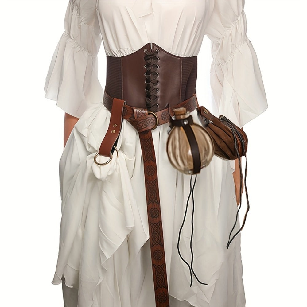Renaissance Corset Set 5-Piece Ladies – Medieval Belt Pouch Potion Bottle Waist Protector, Women Halloween LARP Cosplay Renaissance Fair Outfit, Stage Prop & Photography Costume Gift