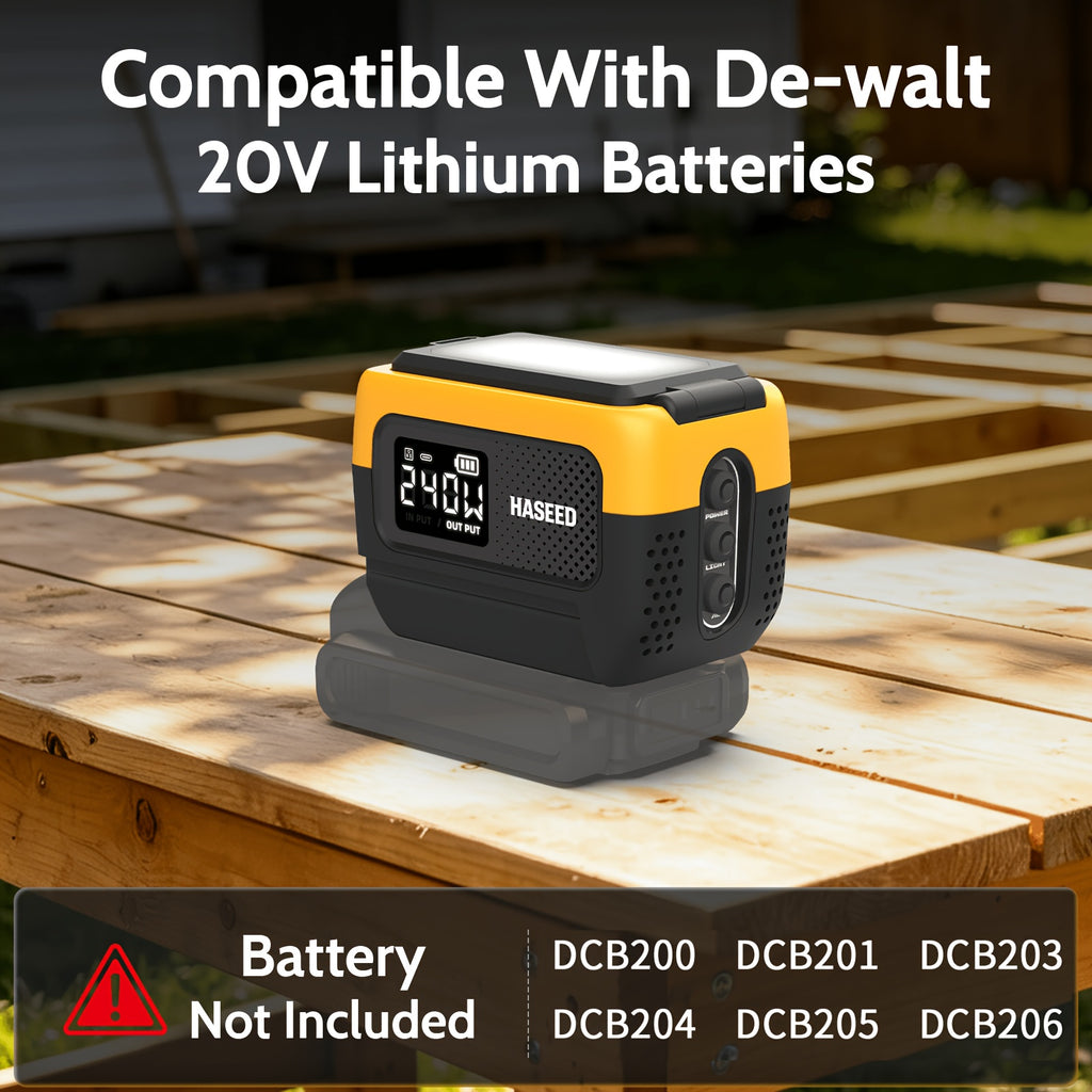 240W Power Inverter Pure Sine Wave, Compatible with De-Walt 20V Battery, Power Inverter Adapter, USB-C 140W Fast Battery Bidirectional Charger, 120V AC Outlets, 2 QC USB Ports(18W), 600LM LED, Summer Outdoor Camping Essentials(No Battery)