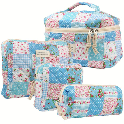 Quilted Makeup Bag Set 4-Piece Floral Rose Coquette Aesthetic Premium Cotton Cosmetic Organizer Travel Toiletry Pouch 4 Sizes for Women Girls Vanity Bathroom Gift