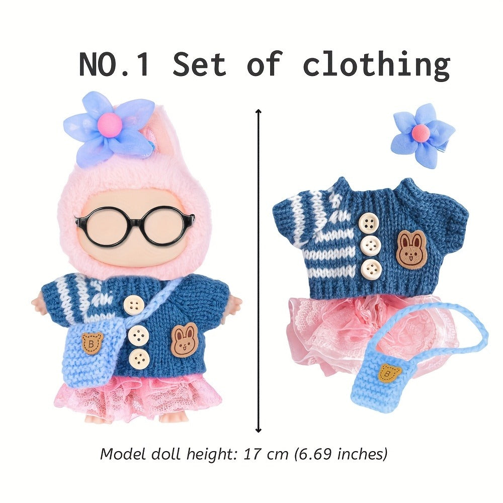 Labubu Doll Clothes 3 Sets Knit Tops Bubble Tulle Skirts Floral Hair Clips Bags for 17cm Plush Dolls Fashion Outfit Gift for Girls Kids Ages 3+ Birthday Christmas