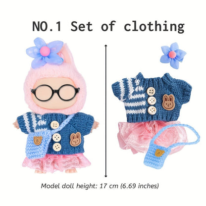 Labubu Doll Clothes 3 Sets Knit Tops Bubble Tulle Skirts Floral Hair Clips Bags for 17cm Plush Dolls Fashion Outfit Gift for Girls Kids Ages 3+ Birthday Christmas
