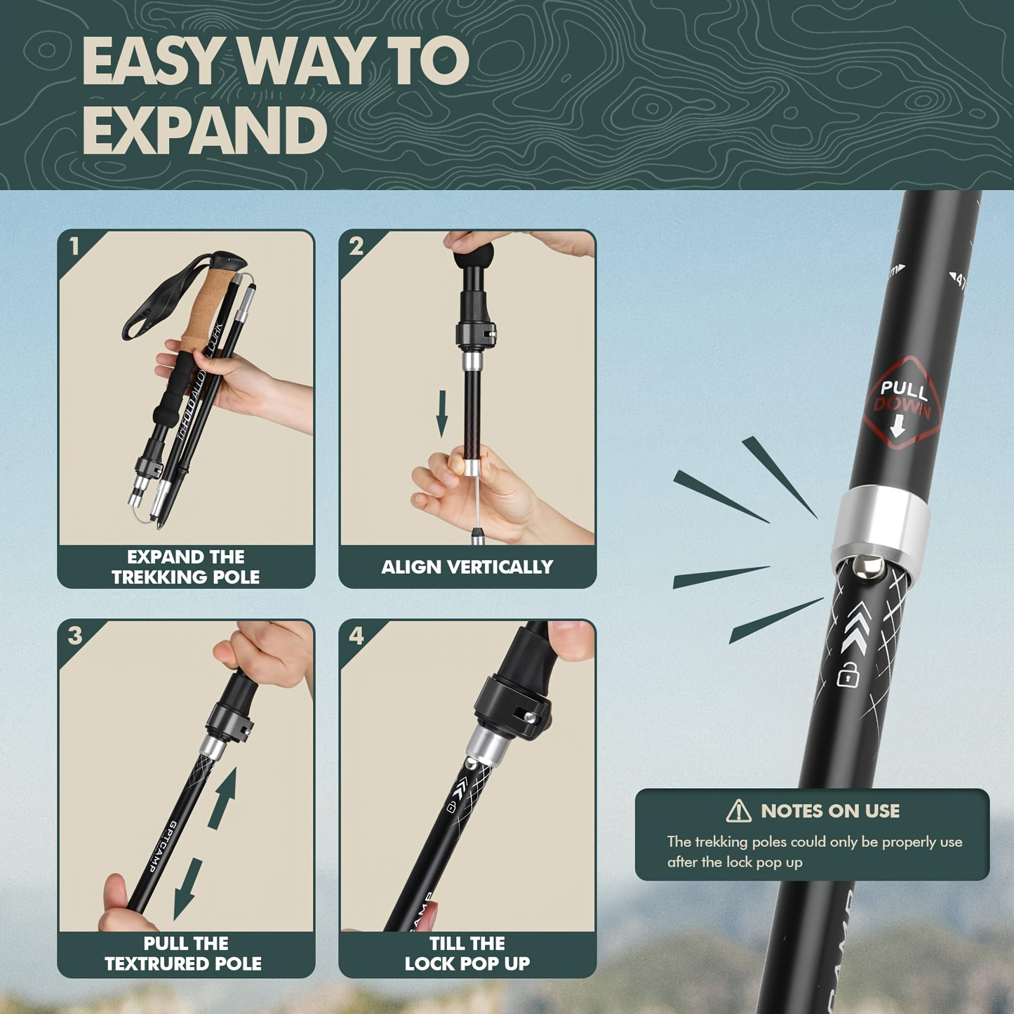 Lightweight Aluminum Trekking Poles 2-Pack – Folding Hiking Sticks with Cork Ergonomic Grip, Sweat-Absorbing Handle, Adjustable Walking Poles for Hiking, Camping & Mountain Travel