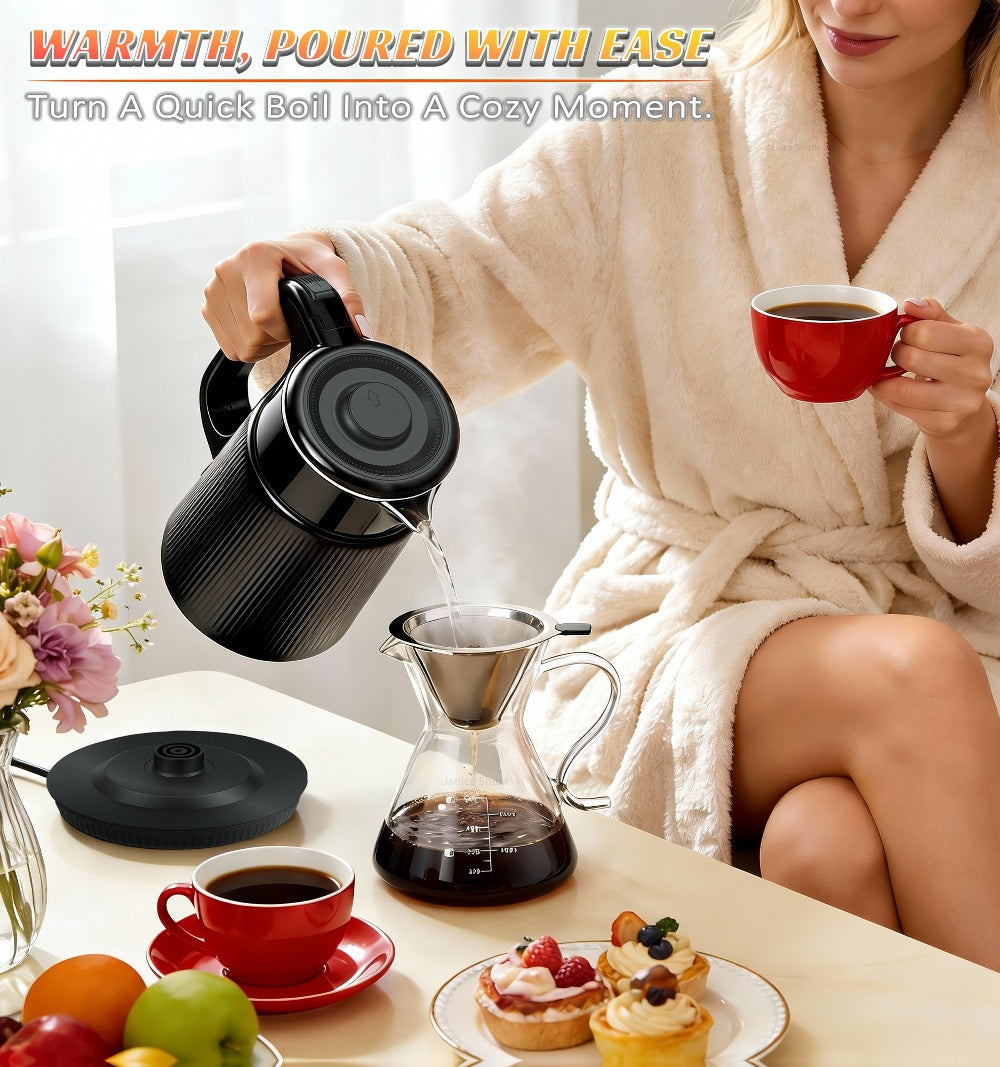 Electric Kettle 1000W Double Wall Stainless Steel – 57.48oz 304 SS Hot Water Kettle with 360° Rotary Base, LED Light, Auto Shut-Off & Boil-Dry Protection, Instant Water Warmer for Coffee & Tea – Black
