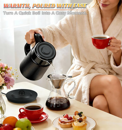 Electric Kettle 1000W Double Wall Stainless Steel – 57.48oz 304 SS Hot Water Kettle with 360° Rotary Base, LED Light, Auto Shut-Off & Boil-Dry Protection, Instant Water Warmer for Coffee & Tea – Black