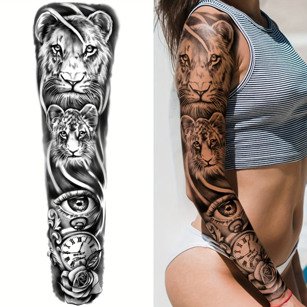 Full Arm Temporary Tattoo Stickers 8 Large Sheets Waterproof Long Lasting Black Realistic Koi Dragon Lion Floral Geometric Designs for Men Women Street Punk Festival Body Art