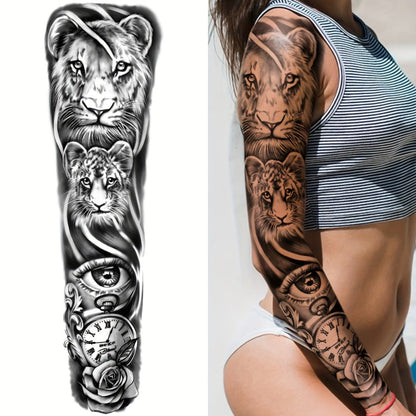 Full Arm Temporary Tattoo Stickers 8 Large Sheets Waterproof Long Lasting Black Realistic Koi Dragon Lion Floral Geometric Designs for Men Women Street Punk Festival Body Art