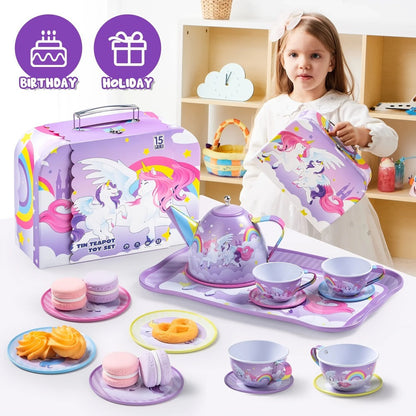 Unicorn Tea Party Set for Girls – Purple Tin Teapot Cups & Plates Pretend Play Princess Kitchen Toy with Storage Case – Magical Unicorn Rainbow Castle Gift for Ages 3+ Birthday Easter Christmas