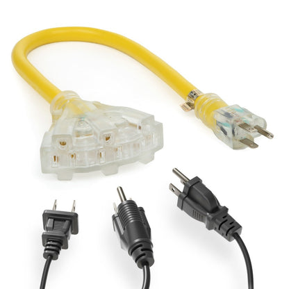 Heavy Duty Extension Cord Splitter Tri-Tap 2-Pack – 15A SJTW Contractor Grade, LED Lighted Plug, 2ft Yellow Jacket for Outdoor & Job Site Use