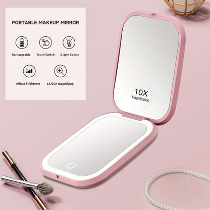 Compact Makeup Mirror with Light 10X Magnification, Rechargeable LED Pocket Mirror 3 Color Modes Adjustable Brightness 2-Sided Folding Purse Mirror for Women Travel Daily Use, Beauty Gift for Mom