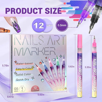Nail Art Pens Set 12Pcs 0.5mm Ultra-Fine Tip Round Head Brush for DIY Nail Designs - Detailed Line Drawing & Nail Decoration Tools for Beginners and Professionals