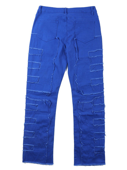 Men's Distressed Fringe-Hem Jeans - Washed Blue Stretch Denim Look