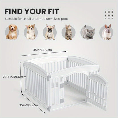 Dog Pen 4 Panel with Non-Slip Bottom & Safety Locking Door - Portable Expandable Indoor Outdoor Pet Pen for Medium Dogs & Puppies, Lightweight Durable Puppy Enclosure in Black & White