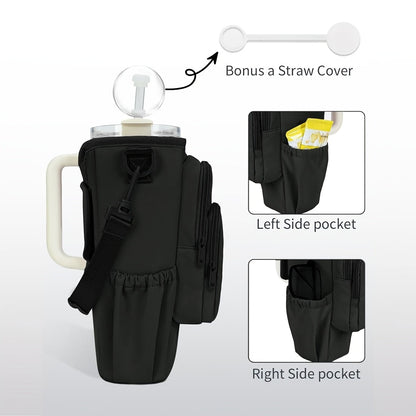 40oz Insulated Water Bottle Carrier Sling Bag with Straw Lid – Hands-Free Dog Walking Bag with Phone Pocket, Zippered Compartments & Adjustable Strap for Gym, Travel & Outdoor Activities, Hot/Cold Beverage Holder for Men & Women
