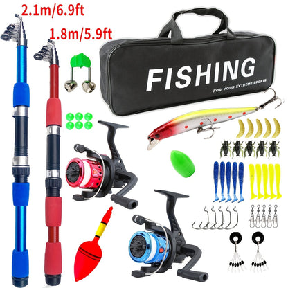 Beginner Fishing Rod & Reel Set – Couple Double Rod Wheel Kit with Red & Blue Fishing Poles 70.87" & 82.68", Complete Fishing Gear Equipment for Beginners Kids Men Women, Freshwater Starter Pack