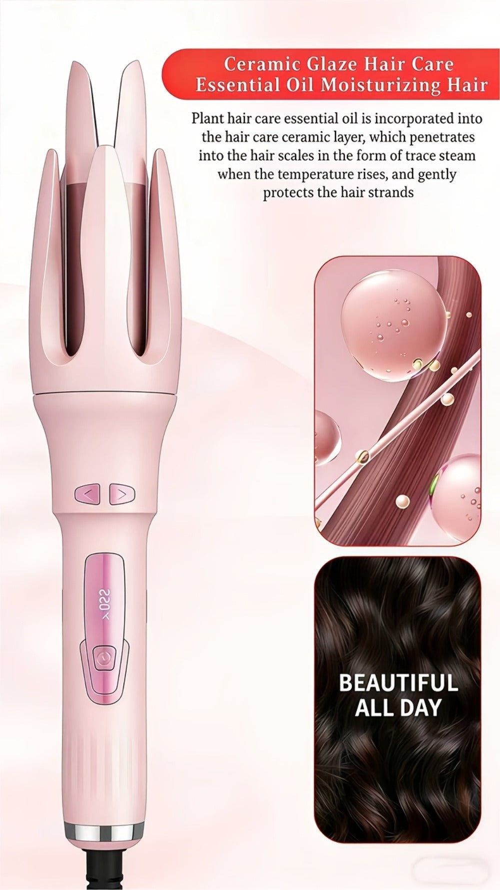 Automatic Rotating Curling Iron 4 Temperature Settings 40M Negative Ion Ceramic Barrel Anti-Tangle Auto Shut-Off Dual Voltage 110-240V Fast Heat 30s Beginner-Friendly Frizz-Free Curls All Hair Types Women