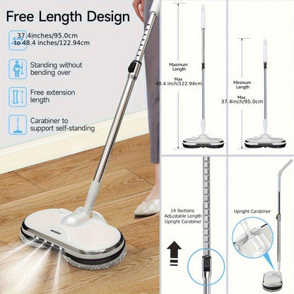 Cordless Electric Spin Mop Floor Cleaner with LED Headlight & Water Spray Tank – Powerful Wireless Spinning Mop for Hardwood & Tile Floors, Quiet Motor, Self-Cleaning & Waxing Function (White)