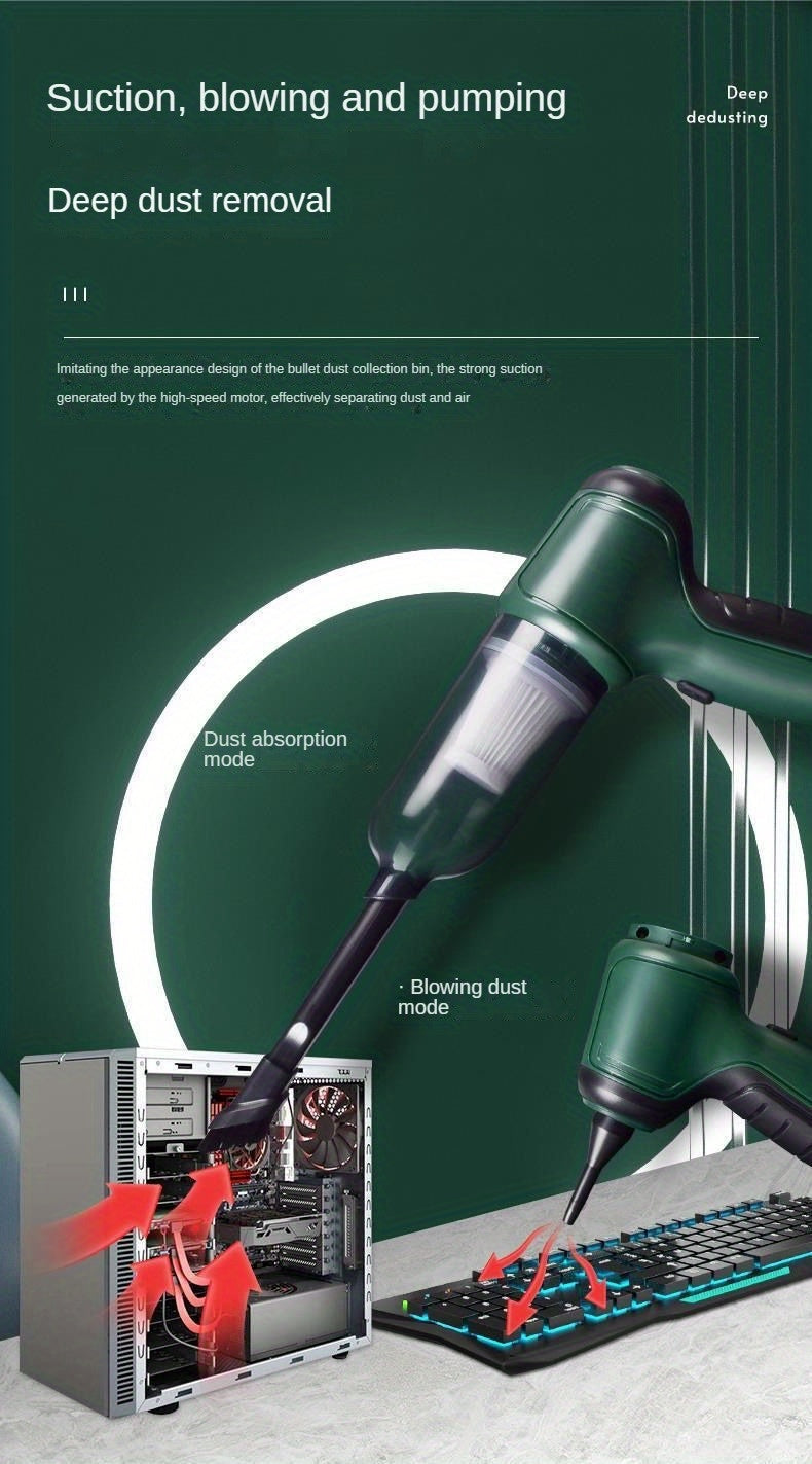 A Three In One Wireless Vacuum Cleaner with A High Power, Which Can Be Used for Suction, Air Extraction, And Blowing, Both In The Car And At Home. It Has An Extended Battery Life, Can Absorb Dust, Debris, Pet Hair, Air Extraction, And Dust Blowing