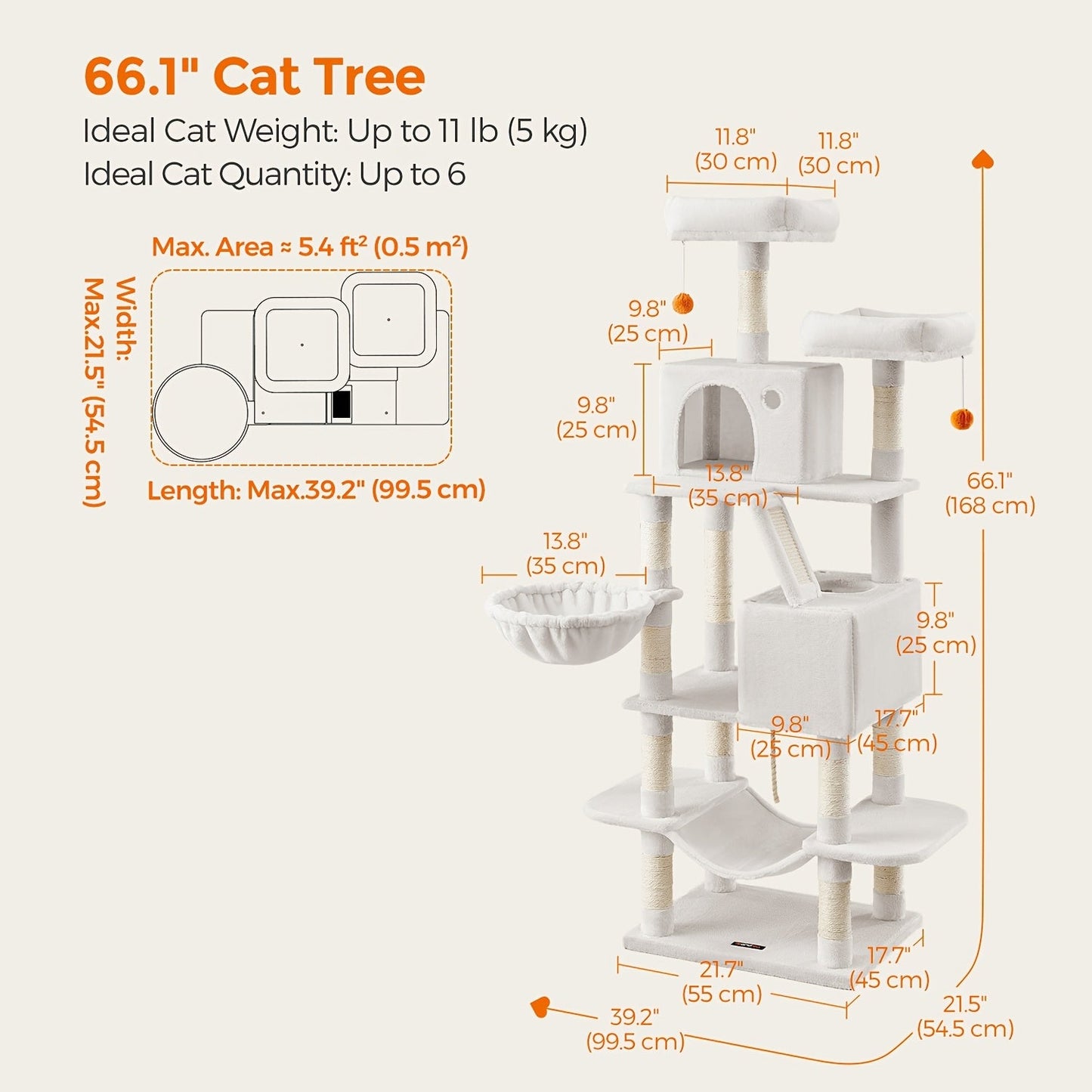Cat Tree Tower Multi-Level Condo – 44in & 66in with Cozy Cave, Plush Hammock, 4 Sisal Scratching Posts & 2 Perches | Anti-Tilt Stable Cat Playhouse for Multi-Cat Families, Easy Assembly