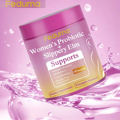 Women's Probiotic Gummies with Slippery Elm for Intimate Moisture Odor Control Healthy Flora – Pineapple Flavor 60 Count Feminine Wellness Supplement Daily Gut Health Support