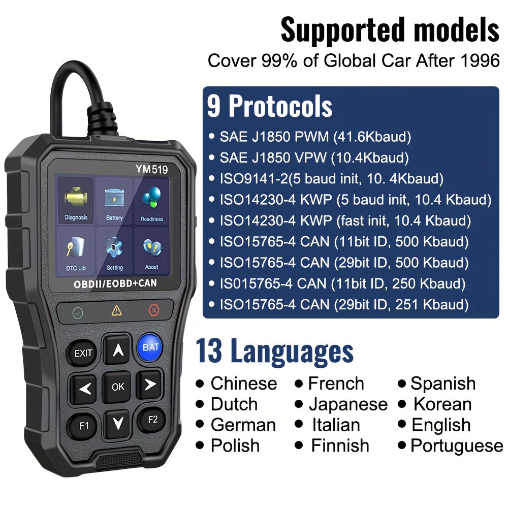 1 Unit YM519 Error Code Scanner OBD2 Code Reader Vehicle Diagnostic Tool Multi-Language Code Reader Engine System Check Battery Tester, Without Battery