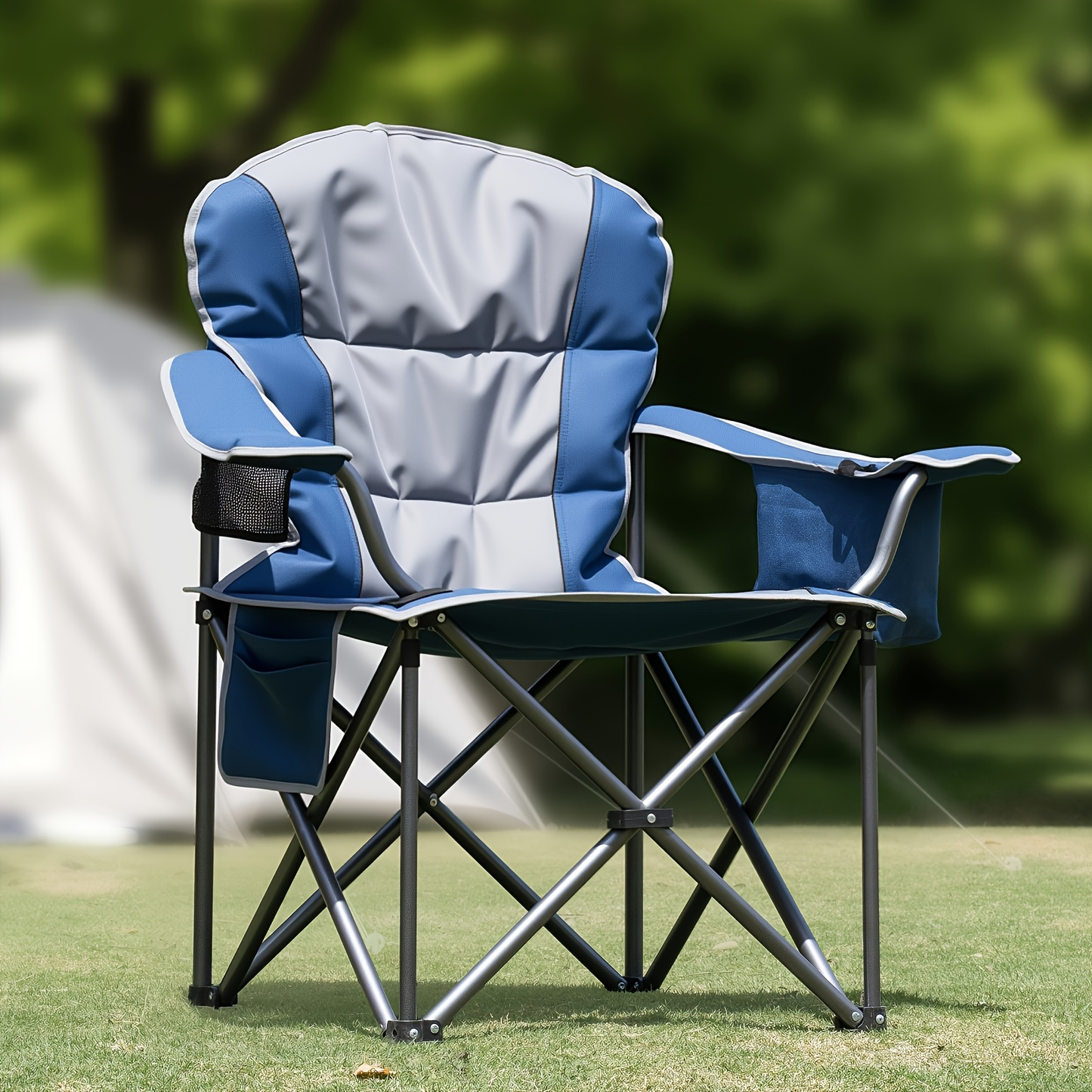 Heavy Duty Folding Camping Chair 600 Lbs Capacity – Padded Seat, Insulated Cooler Bag, Organizer Pockets & 2 Cup Holders for Camping, Beach, Fishing & Outdoor Events