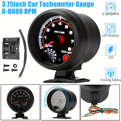 12V Car Tachometer Gauge Meter, 3.75 Inches, Measuring 0-8000 RPM, Featuring an LED Shift Light, Suitable for 4, 6, And 8-Cylinder Engines
