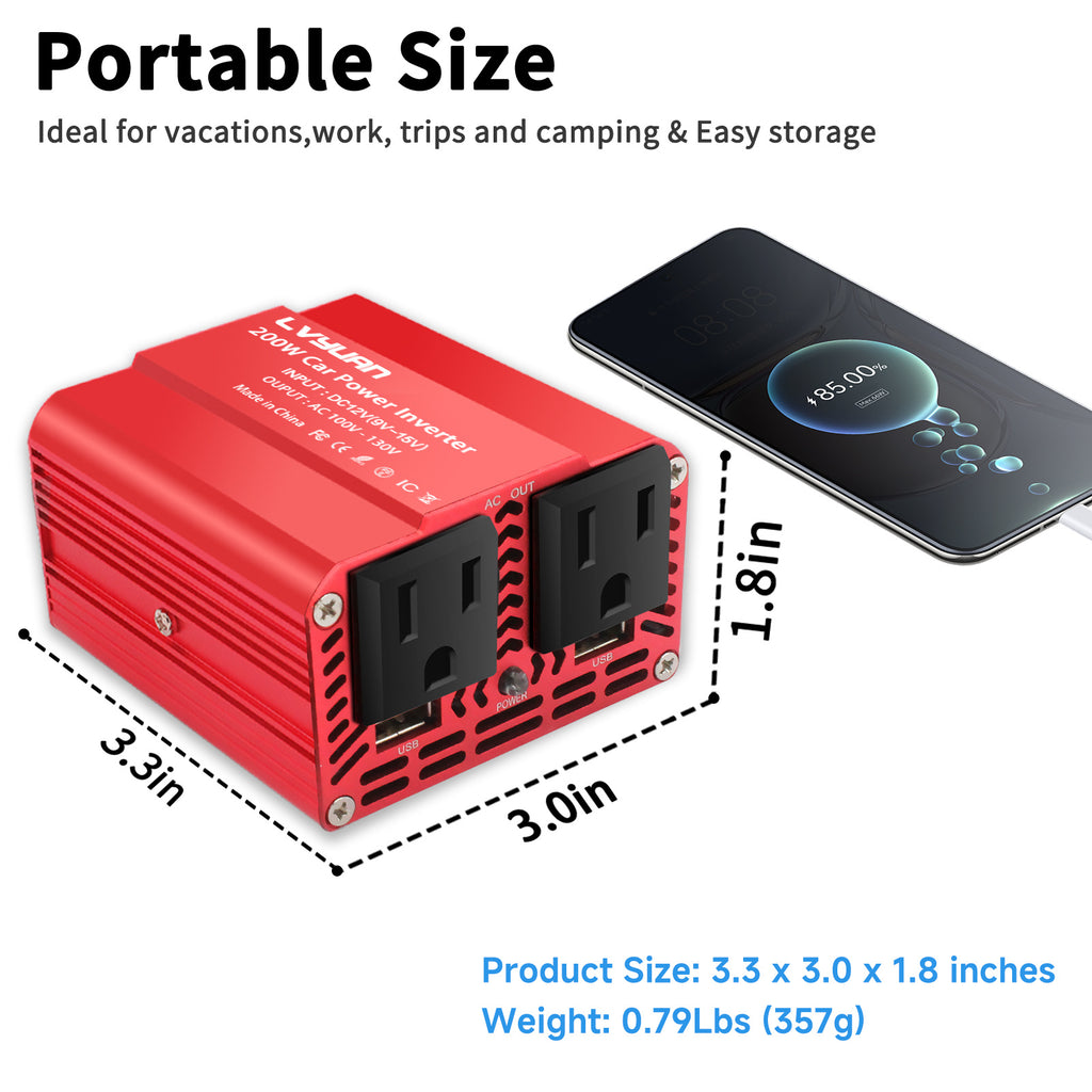 LVYUAN 200W Power Inverter for Vehicles DC 12V to 110V AC Car Plug Adapter Outlet Converter with 2 USB Fast Charging Ports and 2 AC Outlets Car Charger Adapter