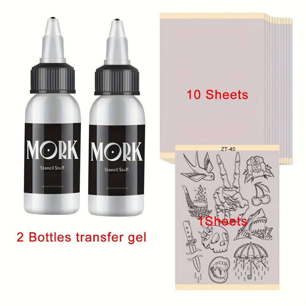 Tattoo Stencil Transfer Kit – 2x Transfer Gel, 10x A4 Blank Thermal Stencil Paper & 1x Pre-Drawn Pattern Sheet – Complete Tattoo Transfer Solution for Artists & Beginners
