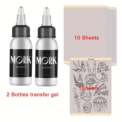 Tattoo Stencil Transfer Kit – 2x Transfer Gel, 10x A4 Blank Thermal Stencil Paper & 1x Pre-Drawn Pattern Sheet – Complete Tattoo Transfer Solution for Artists & Beginners