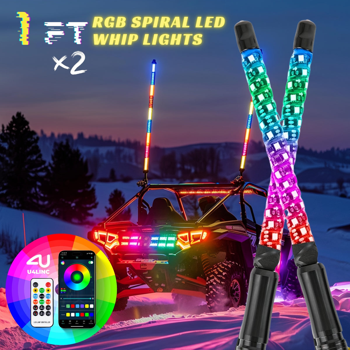 1 Pair (2pcs) 1ft/2ft/3ft/4ft Brighter RGB LED Whip Lights Flag Pole Remote And APP Control Color Changing Lamp Spiral RGB Music Chasing/Dancing Neon Light Whips for UTV ATV RZR SXS Side By Side Dune Buggy Offroad Truck (w/o Spring Base)