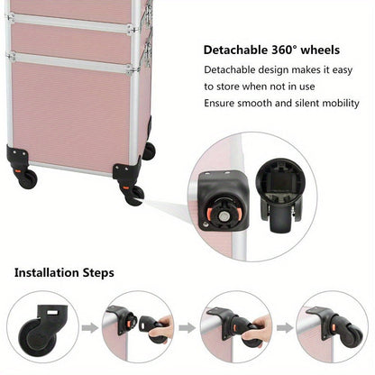Makeup Train Case Rolling 4-in-1 Aluminum Lockable Trolley with 4 Removable Wheels Collapsible Trays DIY Compartments Telescopic Rod Cosmetic Organizer for Makeup Artists Salon Travel Black Pink Rhinestone