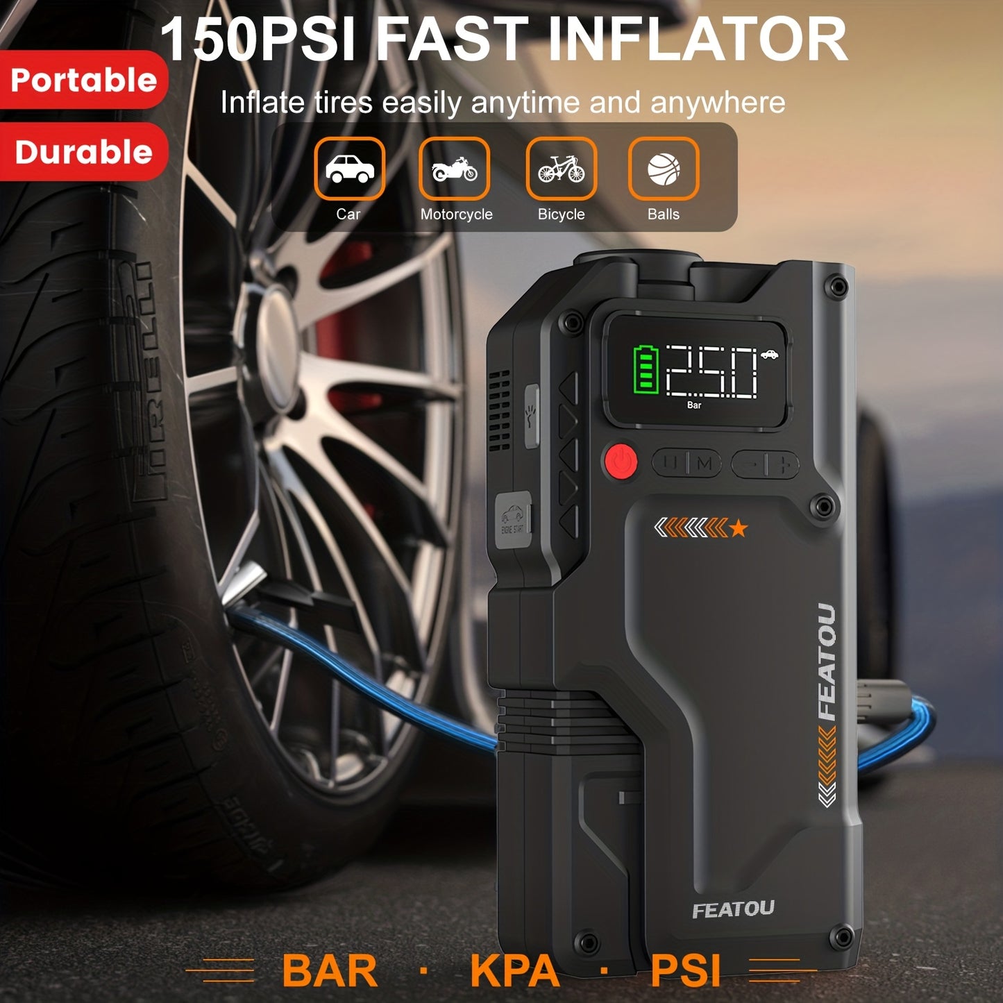 Jump Starter with Air Compressor 5000A/7000A Peak – 150PSI Digital Tire Inflator, Portable Battery Pack for 10L Gas & Diesel, Quick Charge USB & LED Emergency Light