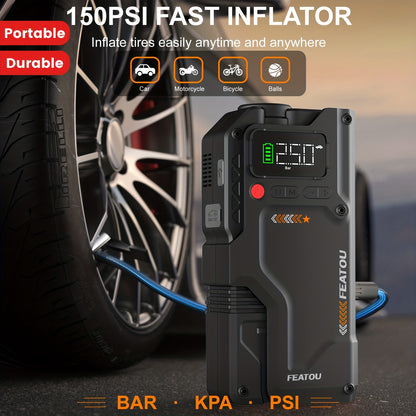 Jump Starter with Air Compressor 5000A/7000A Peak – 150PSI Digital Tire Inflator, Portable Battery Pack for 10L Gas & Diesel, Quick Charge USB & LED Emergency Light