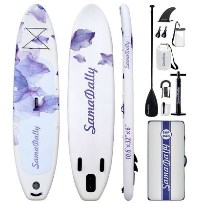 Floral Inflatable SUP Board 10.6ft x 32'' Purple Flower Pattern EVA Non-Slip Deck with Hand Pump Waterproof Bag Removable Fin Leash for All Skill Levels
